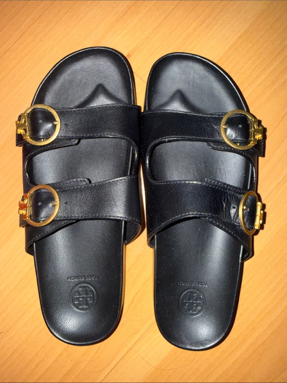 Tory Burch Black Leather Double-Strap Slide Sandals with Gold Buckles